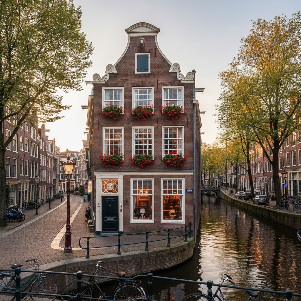 Traditioneel Nederlands grachtenpand met karakteristieke trapgevel en bakstenen gevel